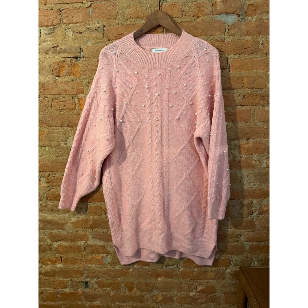 Francescas Pink Cable Knit Pearl Embellished Sweater Dress Medium